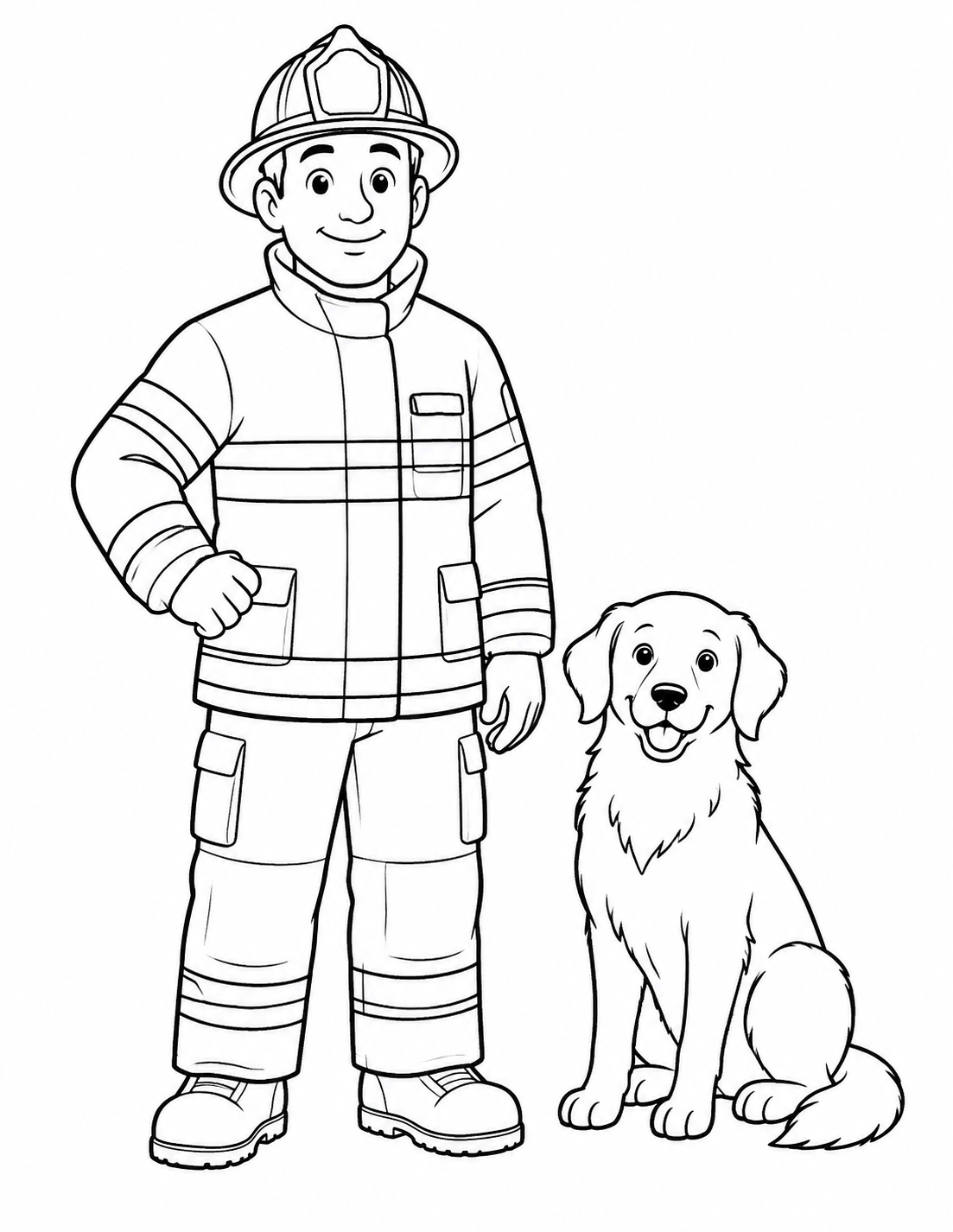 Color a Firefighter and Dog printable preview